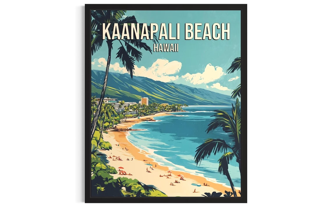 Kaanapali Beach Hawaii Vintage Travel Poster Maui Coast Palms
