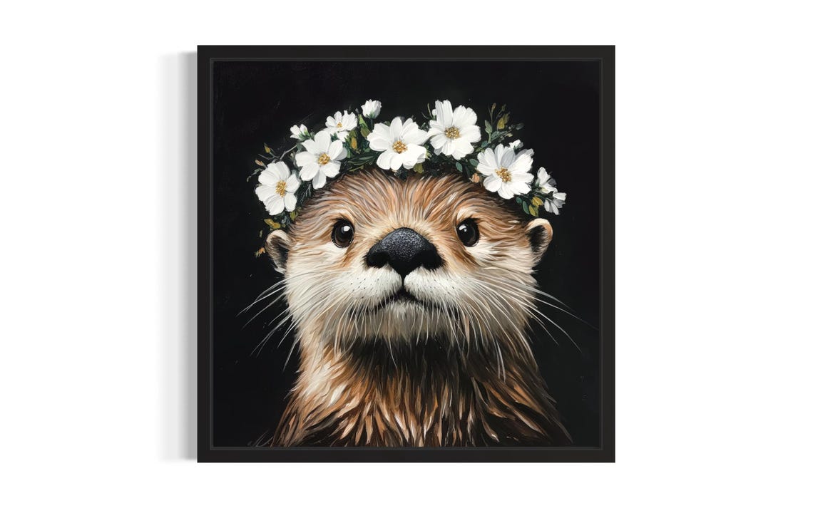 Otter Portrait with White Flower Crown on Black Background Art Poster