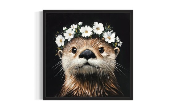 Otter Portrait with White Flower Crown on Black Background Art Poster