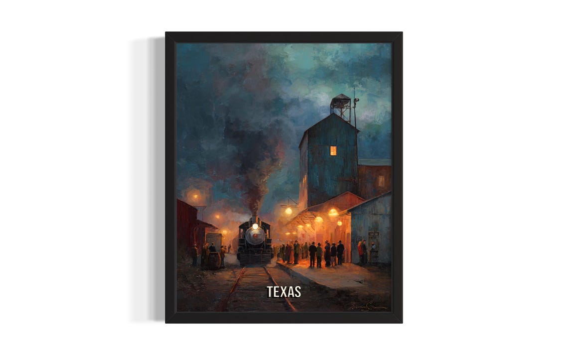 Texas Steam Train Night Station Crowd Lanterns Vintage Poster