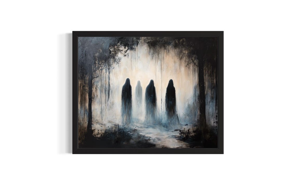 Ghostly Cloaked Figures in a Foggy Forest Dark Spirit Art Poster