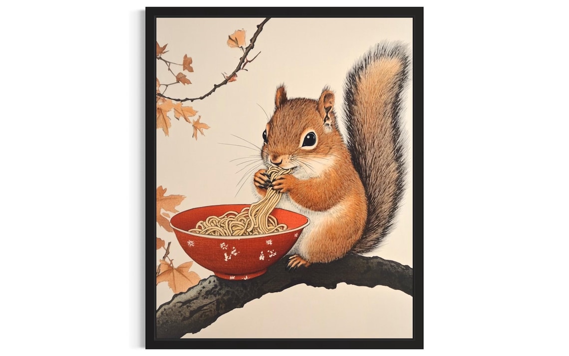Squirrel Eating Noodles on a Branch Japanese Style Cute Animal Poster