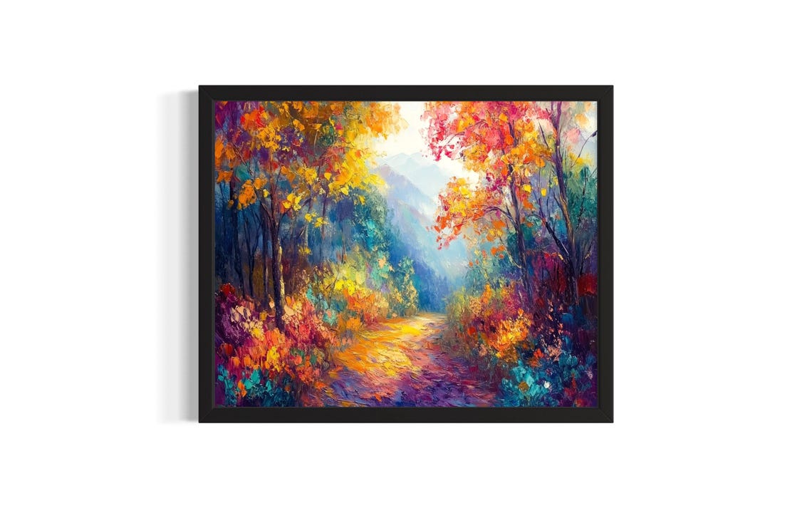 Colorful Autumn Forest Path Impressionist Fall Foliage Art Poster