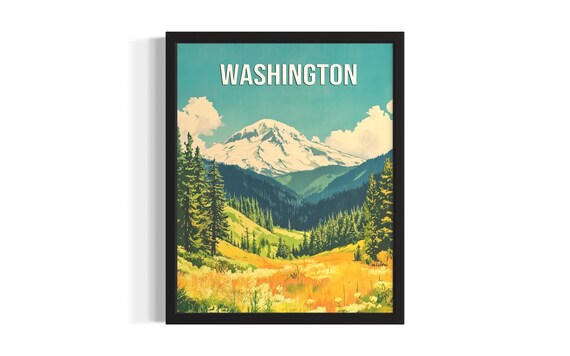Washington Cascade Range Snow Peak Wildflower Meadow Travel Poster
