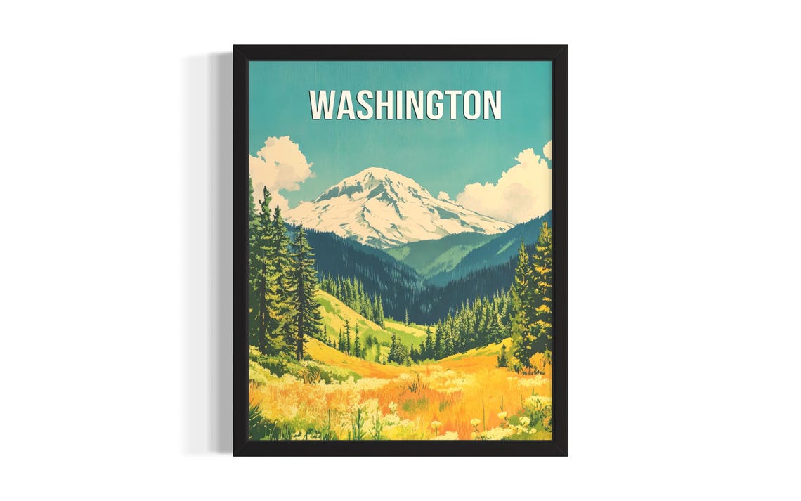 Washington Cascade Range Snow Peak Wildflower Meadow Travel Poster