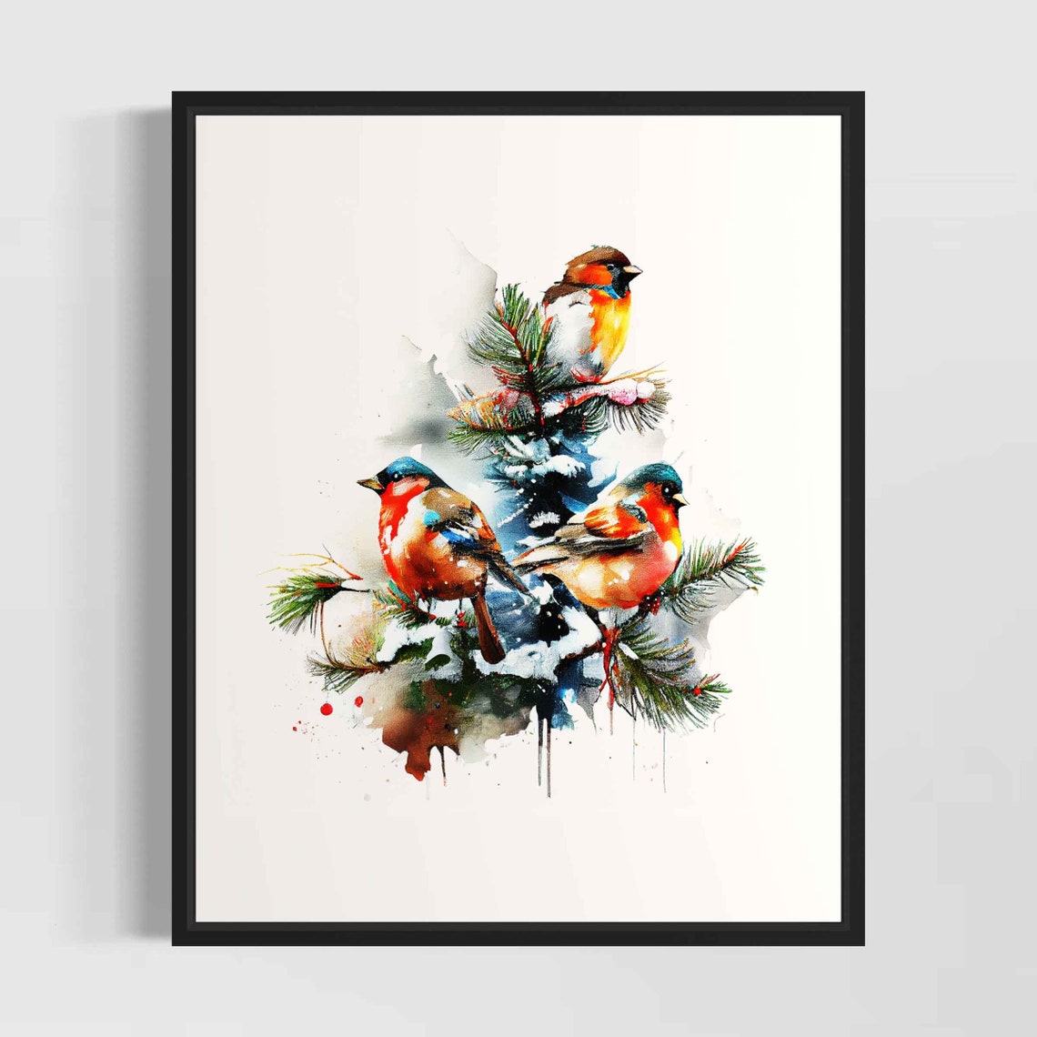 Three Songbirds on Snow-Covered Pine Branch Watercolor Poster