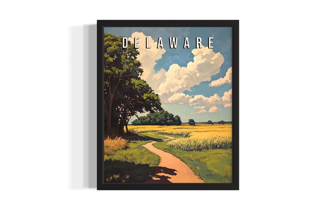 Delaware Summer Wheat Field Path Towering Trees Vintage Poster