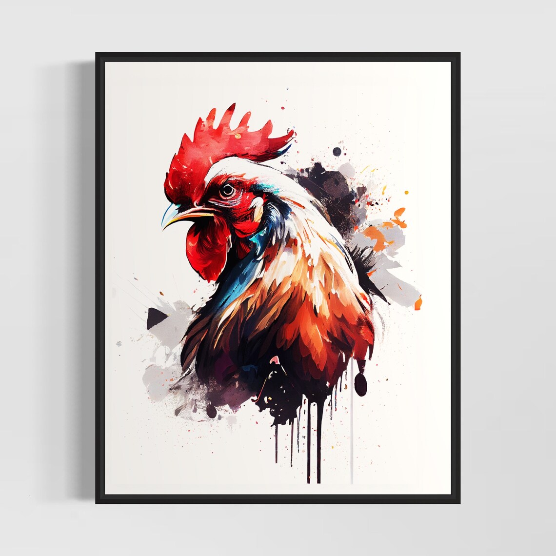 Vibrant Rooster Head Portrait In Colorful Watercolor Art Poster