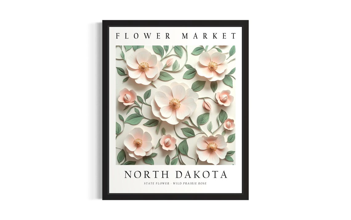 North Dakota Wild Prairie Rose State Flower Market Art Poster