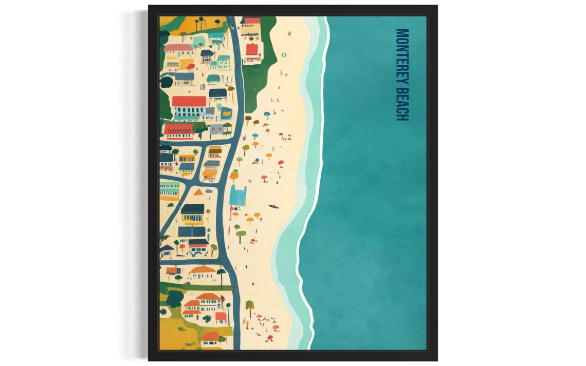 Classic Monterey Beach Town Map And Sandy Shore Retro Travel Poster
