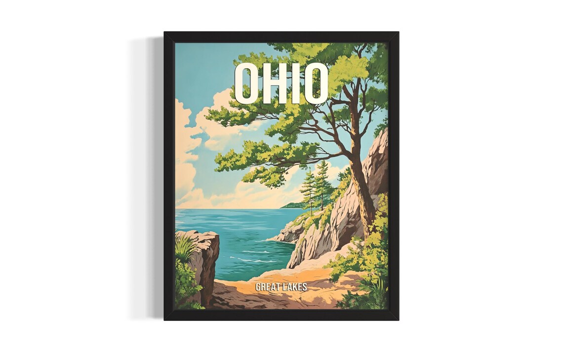 Ohio Great Lakes Rocky Shore Vintage Style Travel Art Poster