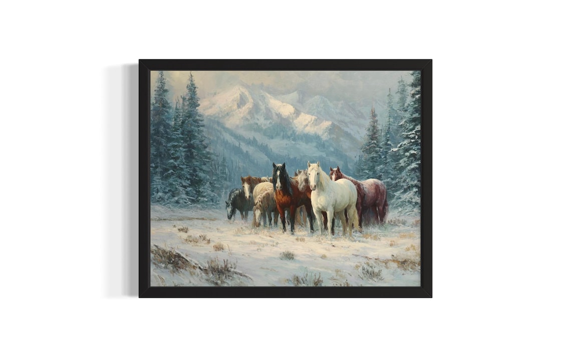 Wild Horse Herd Snowy Meadow Mountain Peaks Oil Painting Poster