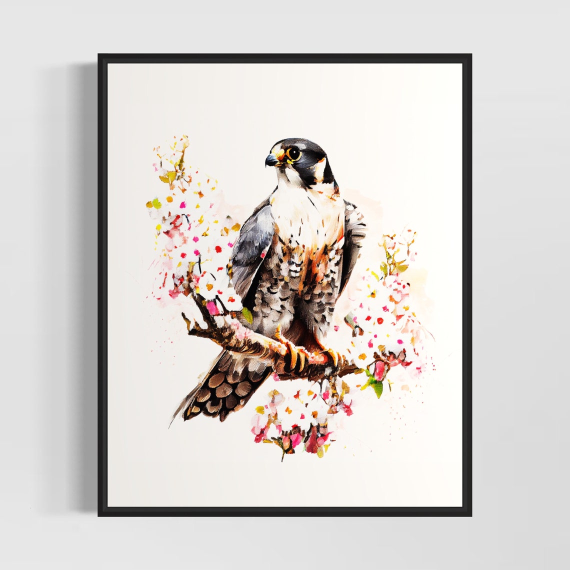 Peregrine Falcon Resting On A Blossom Branch Watercolor Poster