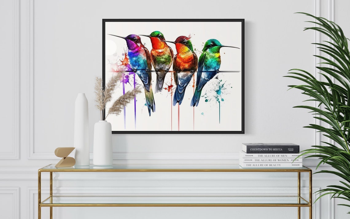 Four Colorful Hummingbirds Perched On A Wire Art Watercolor Poster