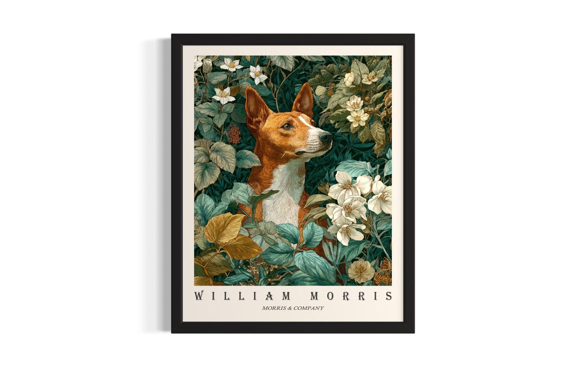 Basenji William Morris Botanical Floral Dog Portrait Art Poster