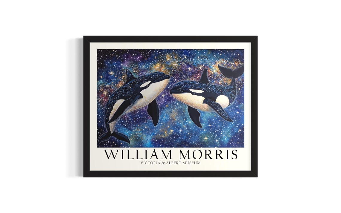 Two Orcas Swimming in a Starry Cosmos William Morris Style Art Poster