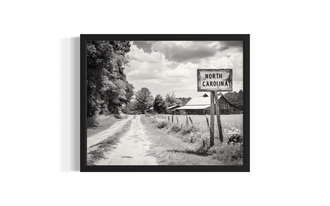 North Carolina Vintage Black And White Country Road Sign Poster