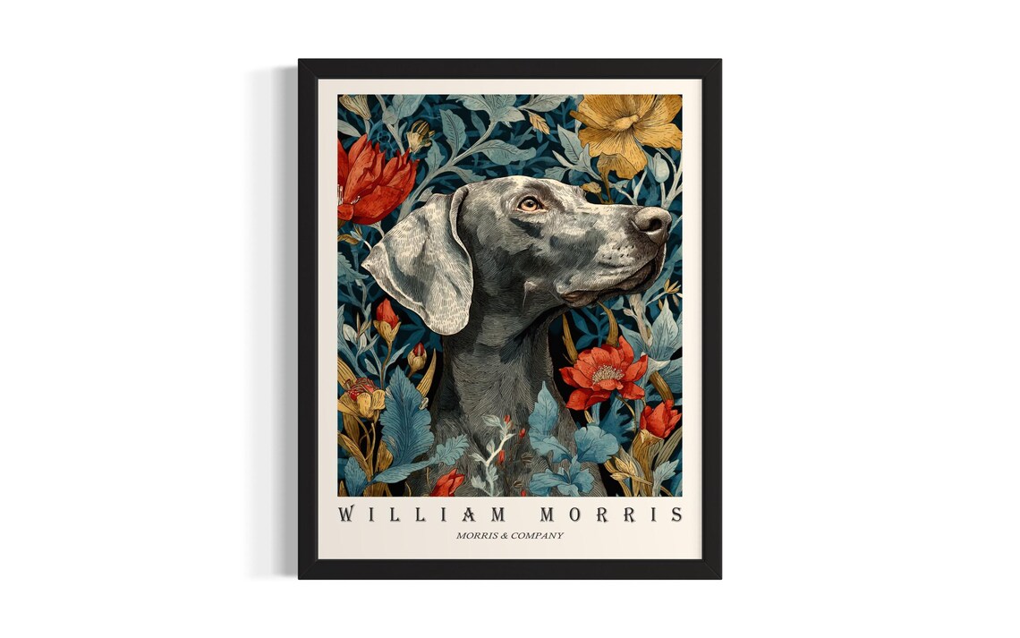Weimaraner William Morris Botanical Poppy Floral Dog Portrait Poster