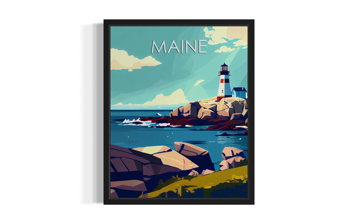 Maine Coastline Lighthouse Rocky Shore Vintage Travel Poster