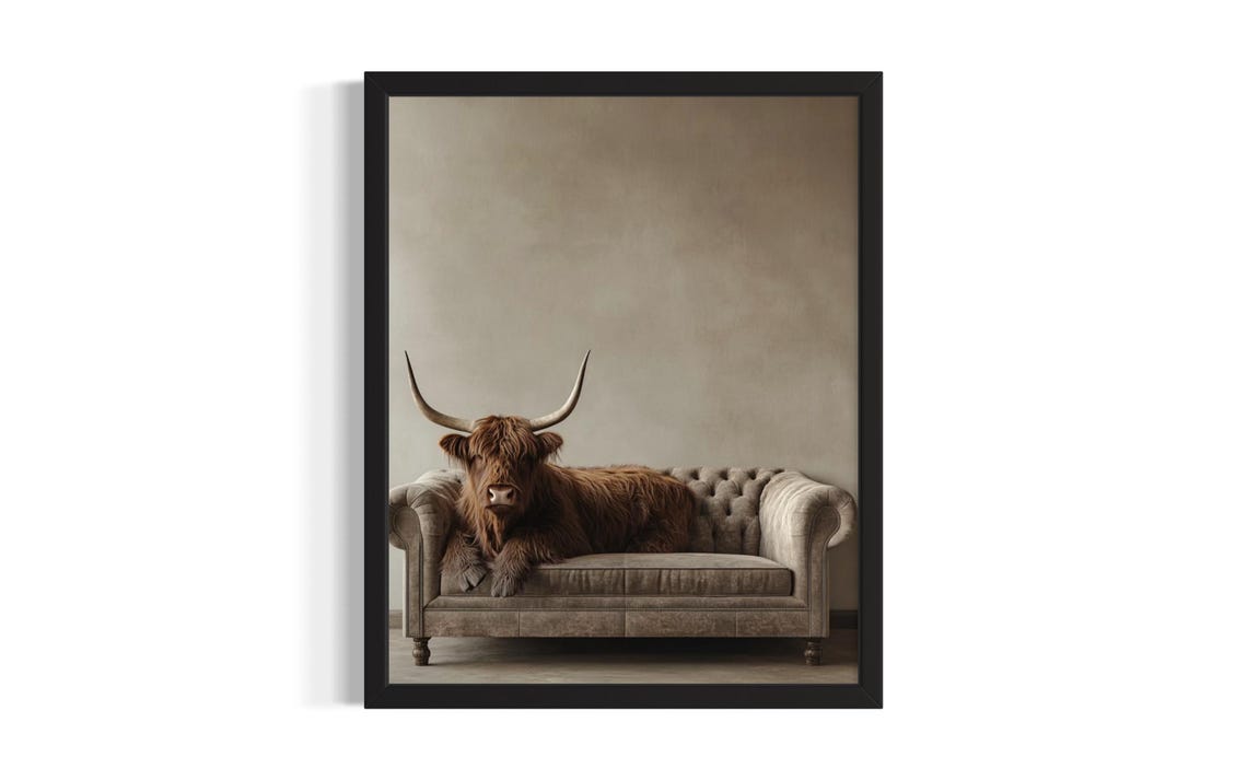Highland Cow Resting on Tufted Gray Chesterfield Sofa Poster