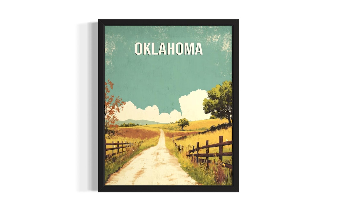 Oklahoma Retro Fenced Country Road Glowing Golden Sunset Poster