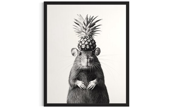 Rat Balancing Pineapple on Head Funny Black and White Kitchen Poster