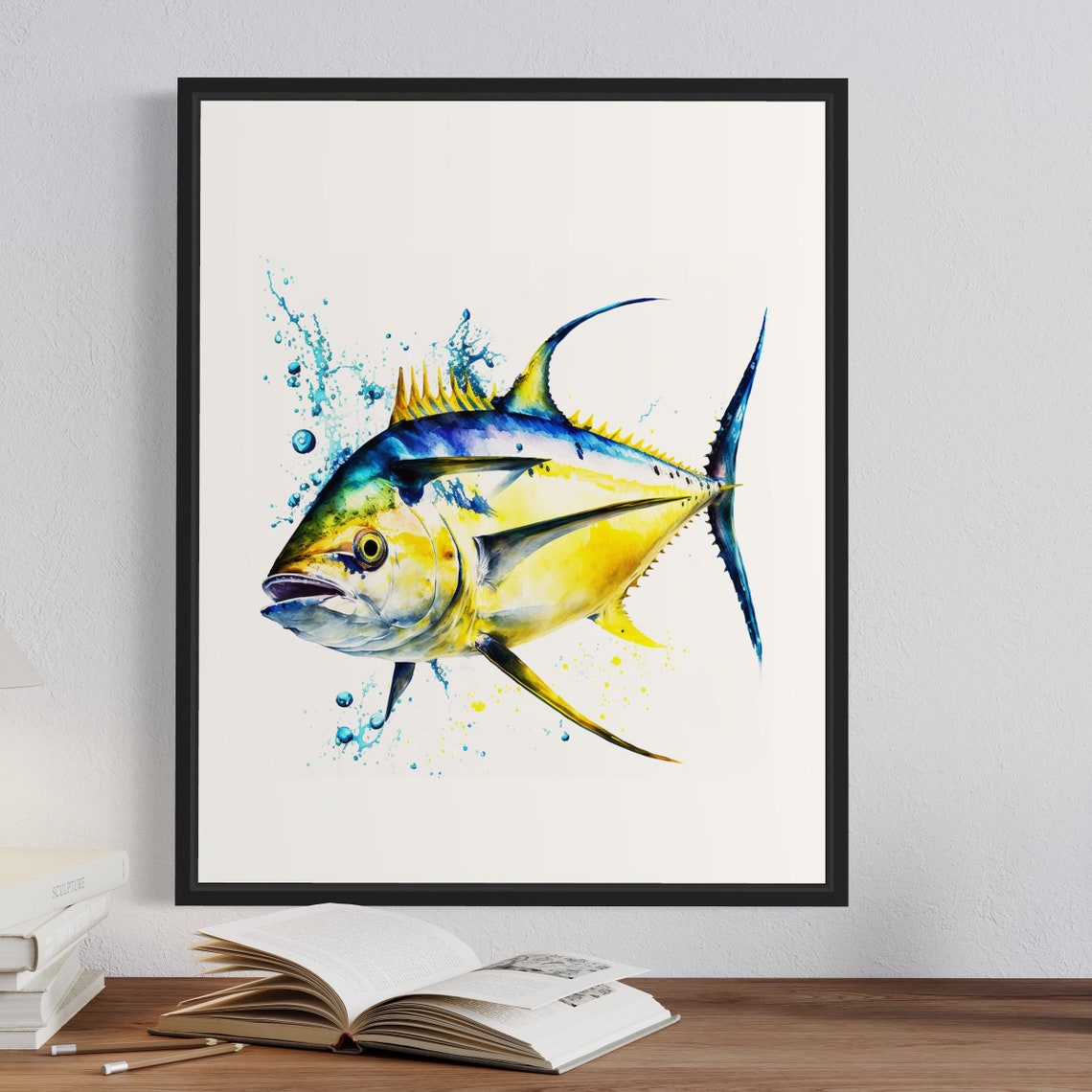 Powerful Yellowfin Tuna Surging Blue Watercolor Splash Poster