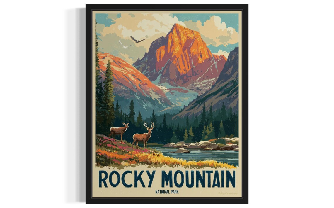 Rocky Mountain National Park Elk by Alpine Lake Vintage Travel Poster