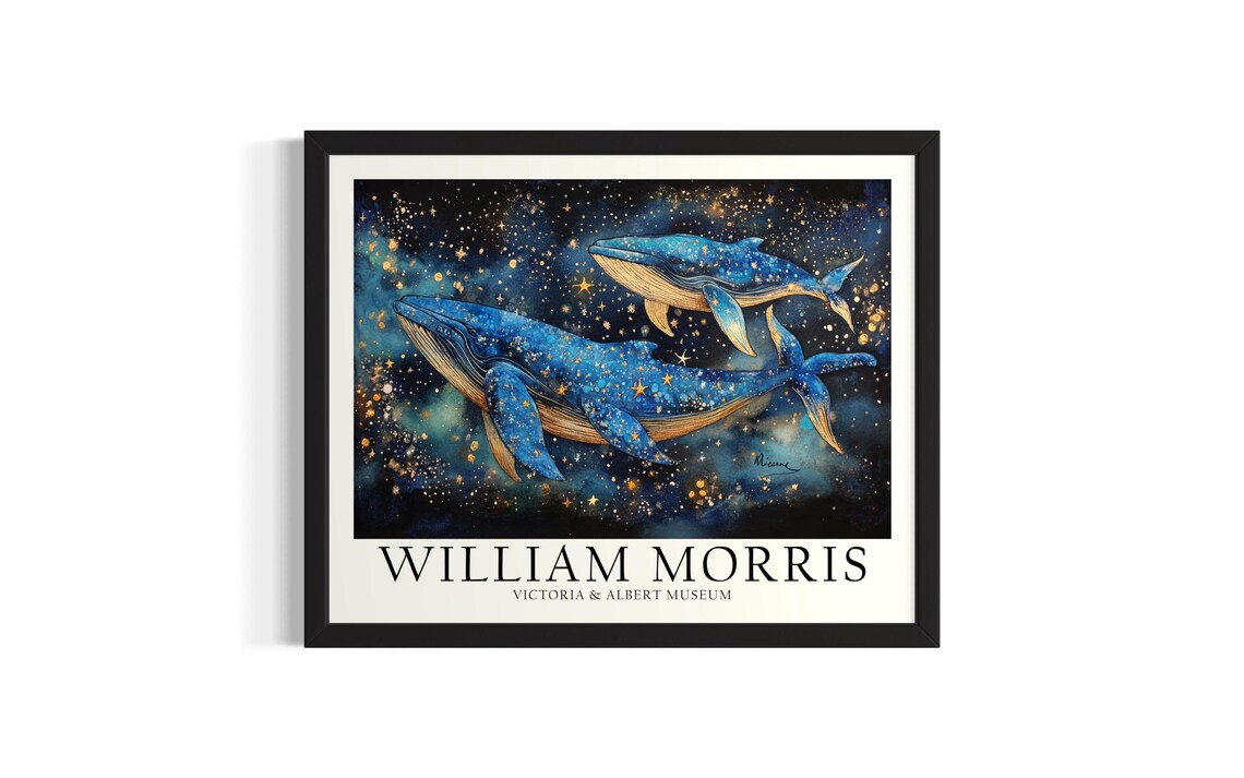 Two Blue Whales in a Starry Golden Night Sea William Morris Art Poster