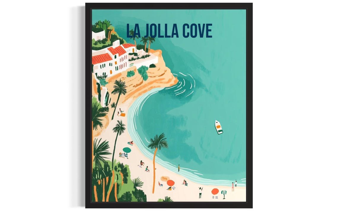 La Jolla Cove Aerial Beach Shoreline Scene Retro Travel Poster