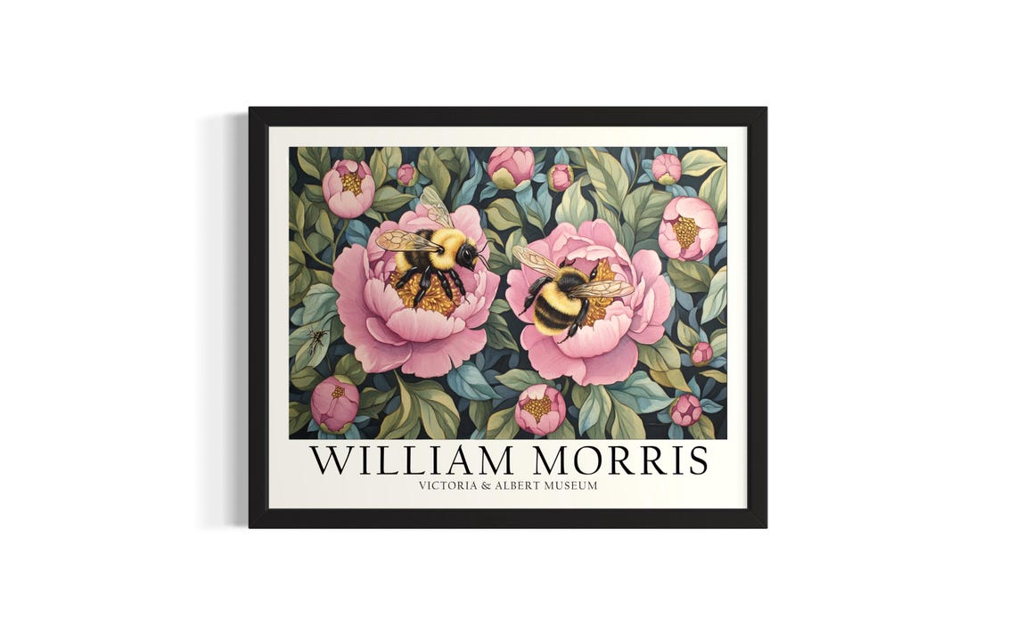 William Morris Bees Pink Peony Floral Botanical Museum Poster