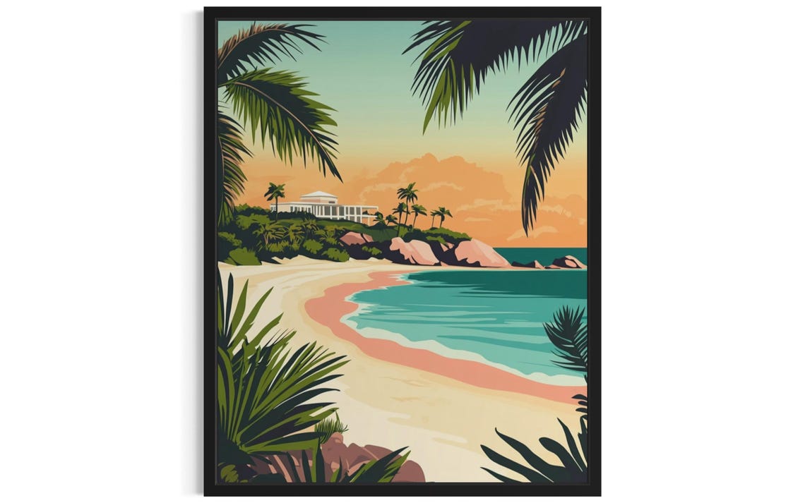 Turks and Caicos Beach Sunset Travel Poster Resort Cove Palms