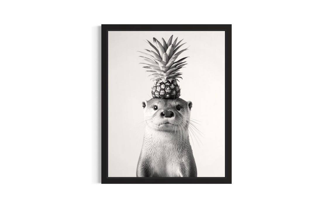Otter Pineapple Hat Black and White Funny Animal Portrait Poster