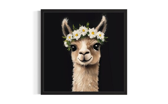Sweet Baby Llama Flower Crown Portrait on Black Background Poster