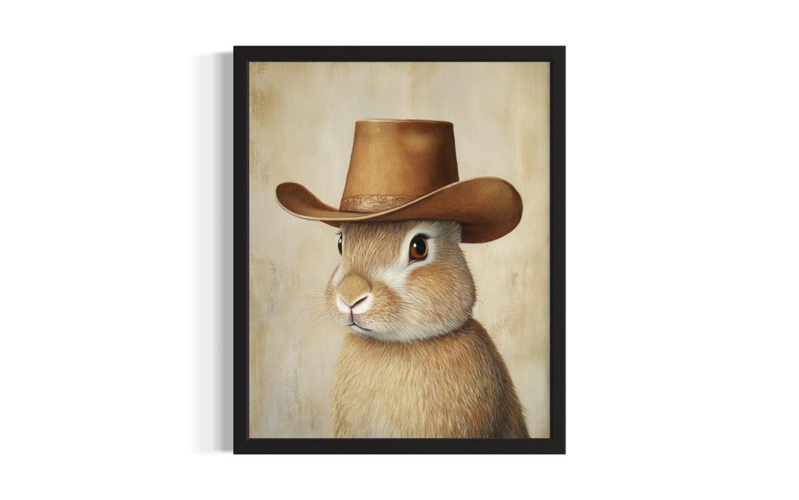 Rabbit Animal Cowboy Poster Art Print Living Room Wall Original Painting Artwork Decor