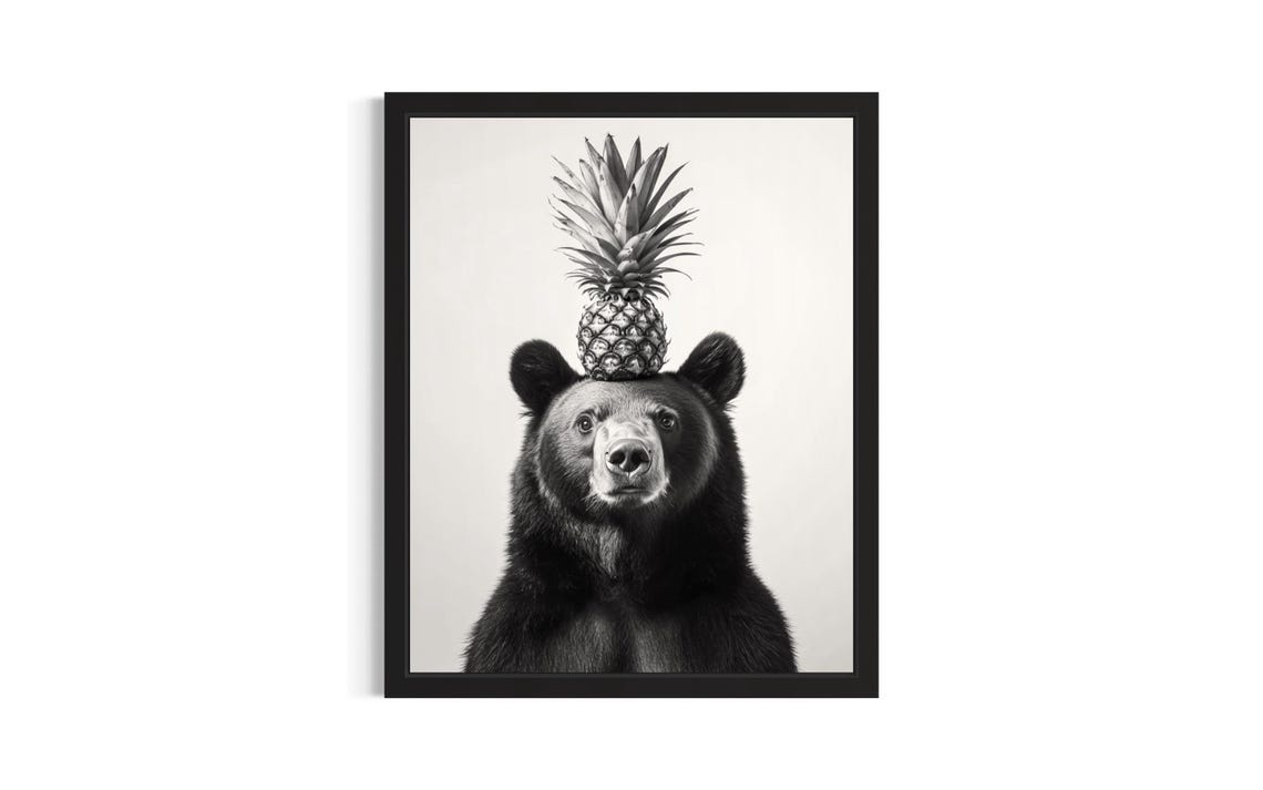Black Bear Balancing Pineapple Black And White Animal Portrait Poster