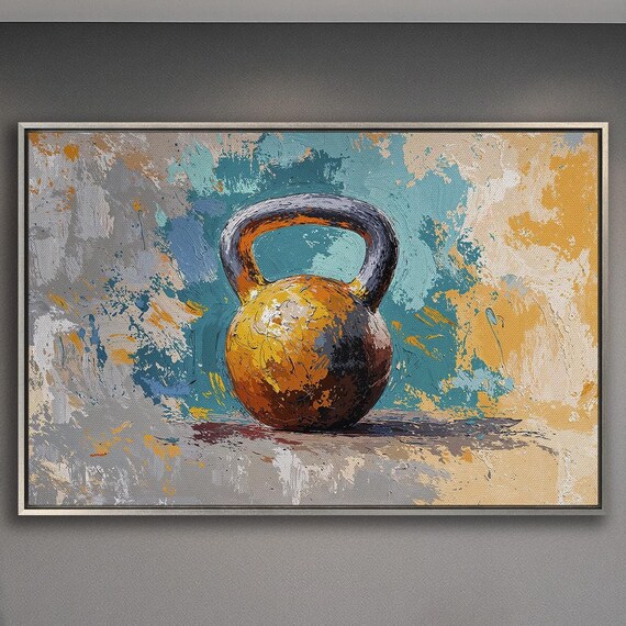 Rust Gold Kettlebell Still Life on Teal Textured Paint Poster