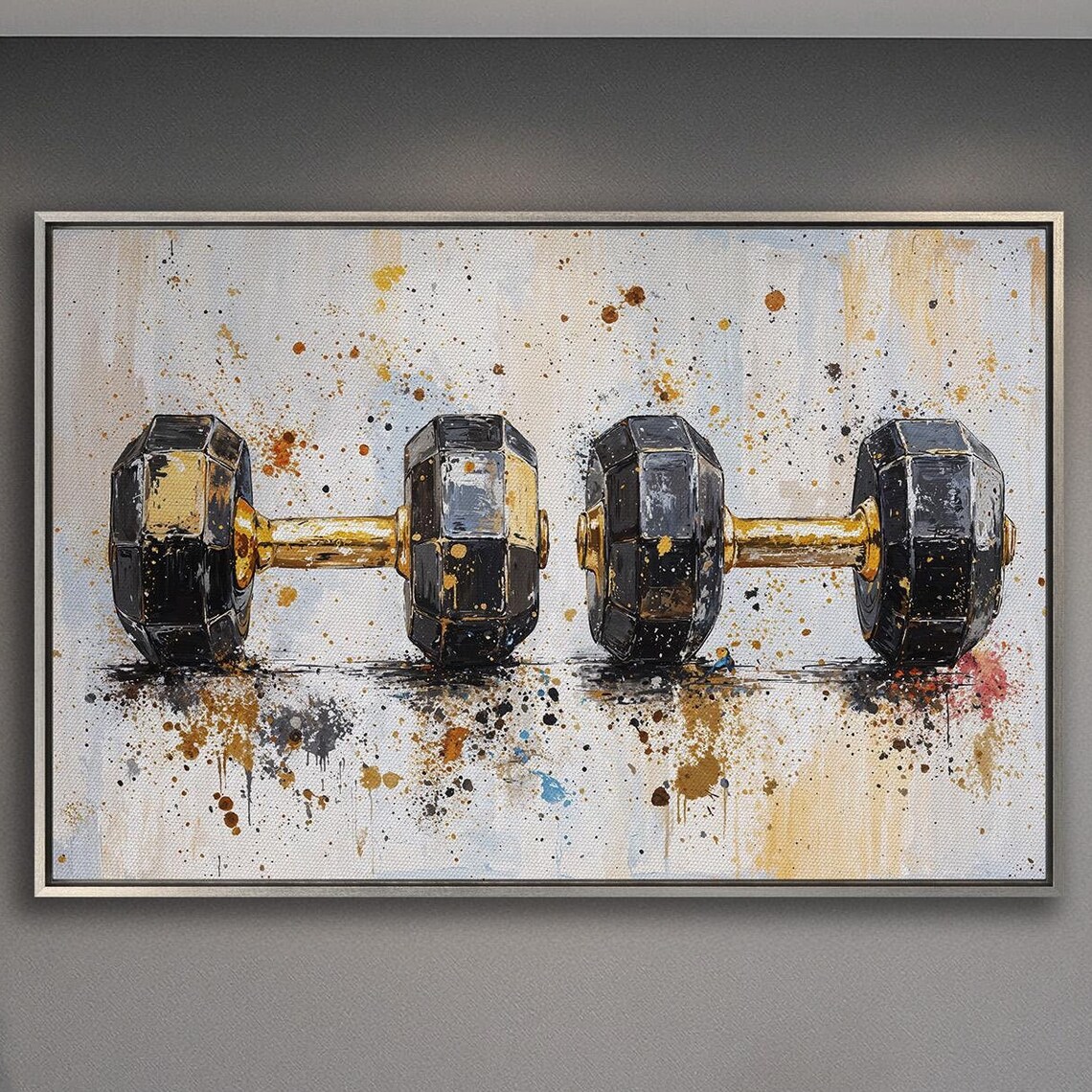 Pair of Black and Gold Dumbbells Splash Paint Still Life Poster