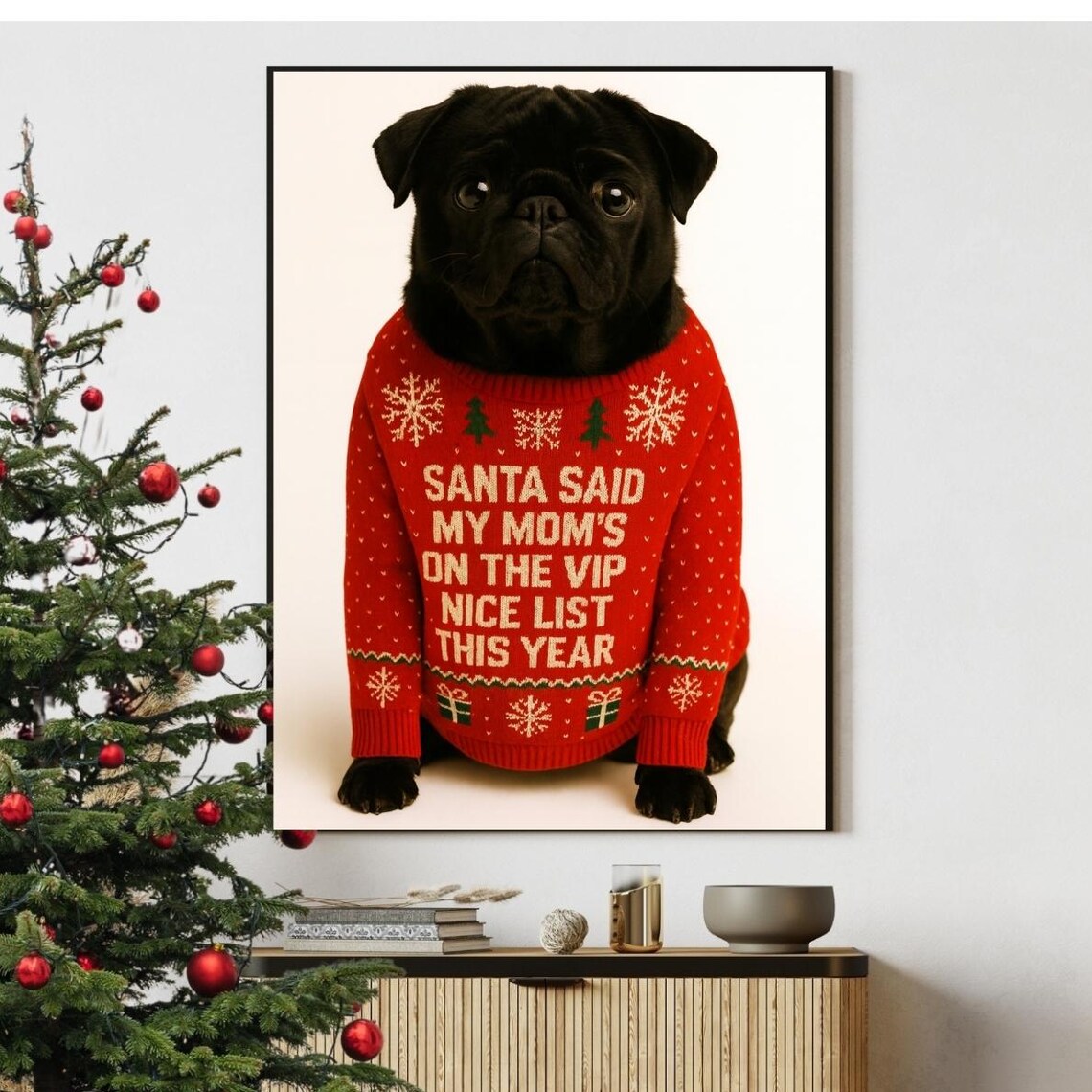 Black Pug Christmas Poster Red Sweater VIP Nice List Funny Dog Gift