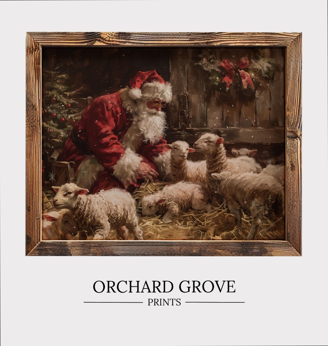 Santa Farm with Lambs, Vintage Christmas Art Print