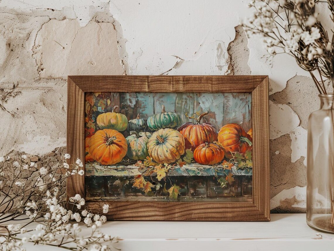 Colorful Harvest Pumpkins Gourds Rustic Bench Fall Still Life Oil Painting Poster - Image 4