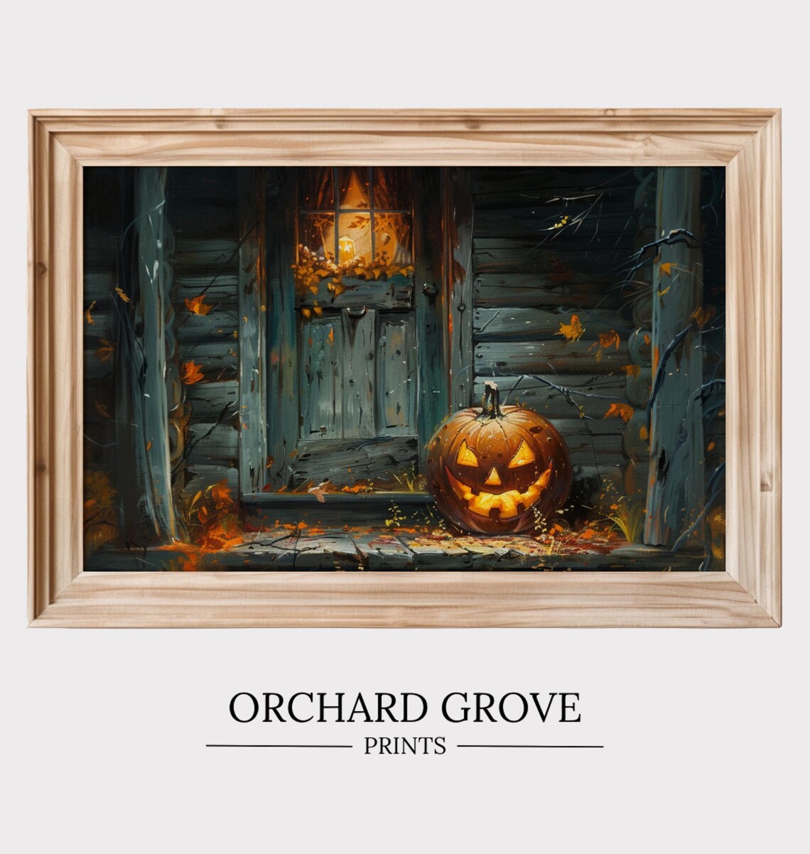 Glowing Jack O Lantern Spooky Cabin Porch Halloween Night Oil Painting Poster - Image 2