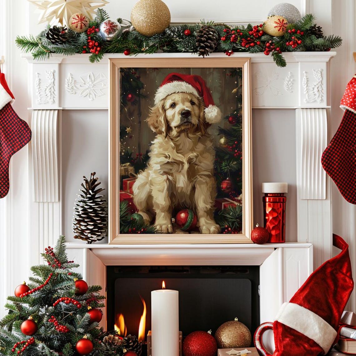 Christmas Dog Wall Art Print Santa Dog Painting Christmas Golden Retriever Christmas Puppy Christmas Holiday Decor Santa Pet 184 - Image 4