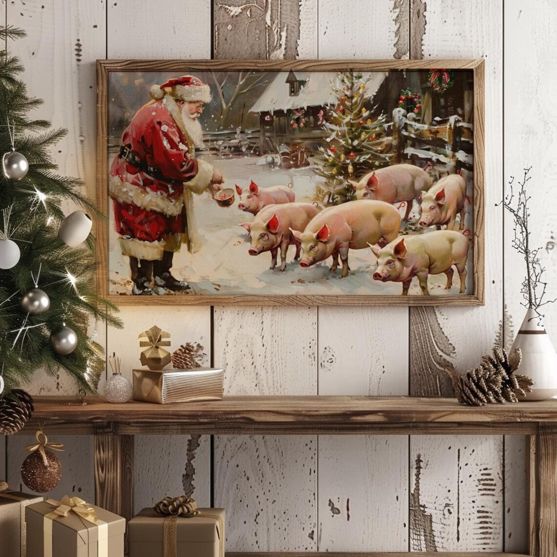 Santa Farm Pig Christmas Art Print, Vintage Farmhouse - Image 3