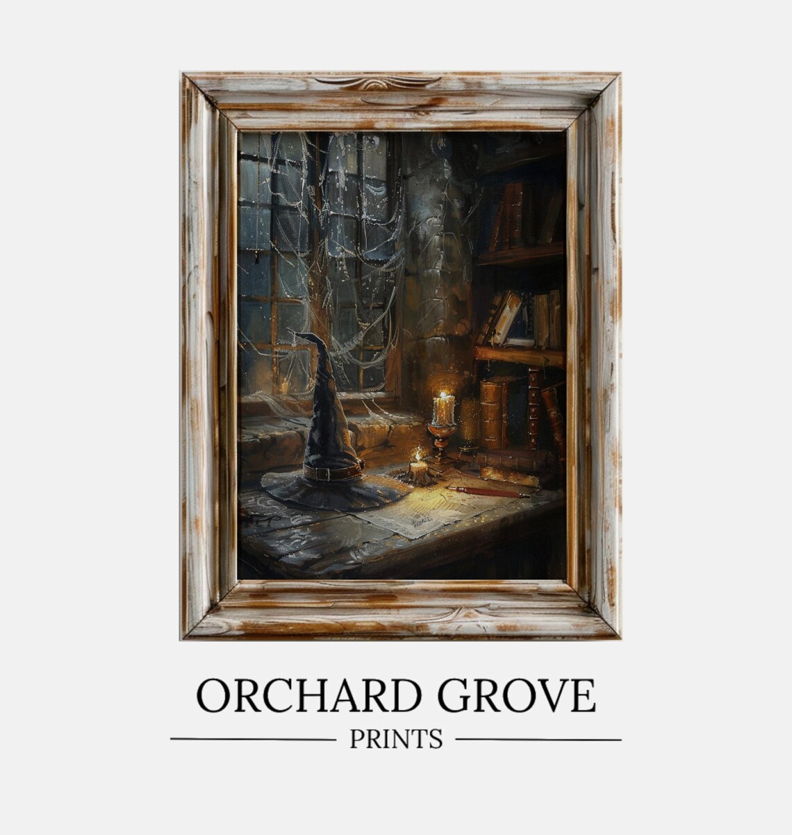Witch Hat Candlelit Desk Cobweb Window Spooky Halloween Oil Painting Poster - Image 2