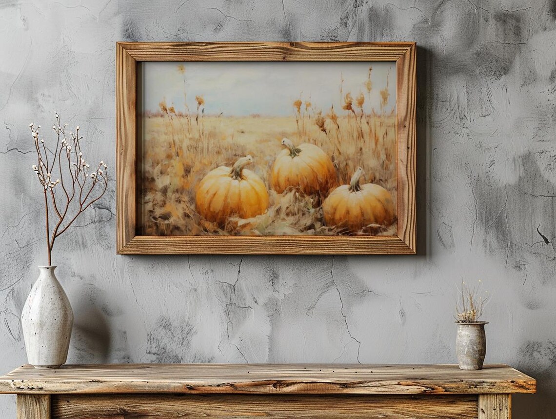 Golden Pumpkin Field Harvest Fall Landscape Vintage Oil Painting Poster - Image 3