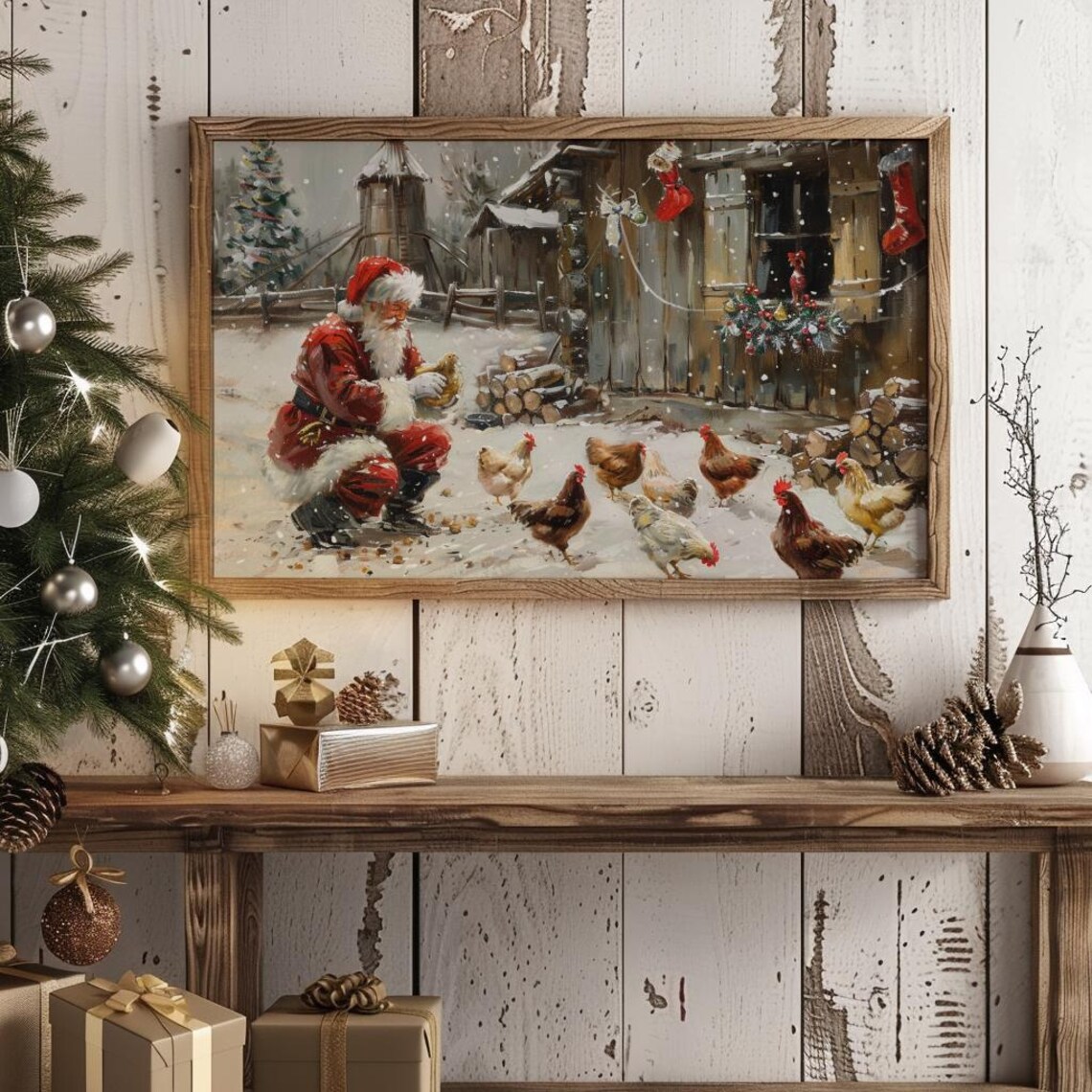 Santa Farm Print Santa Chickens Christmas Farm Art Cute Chicken Festive Animal Wall Art Holiday Farmhouse Decor 179 - Image 4