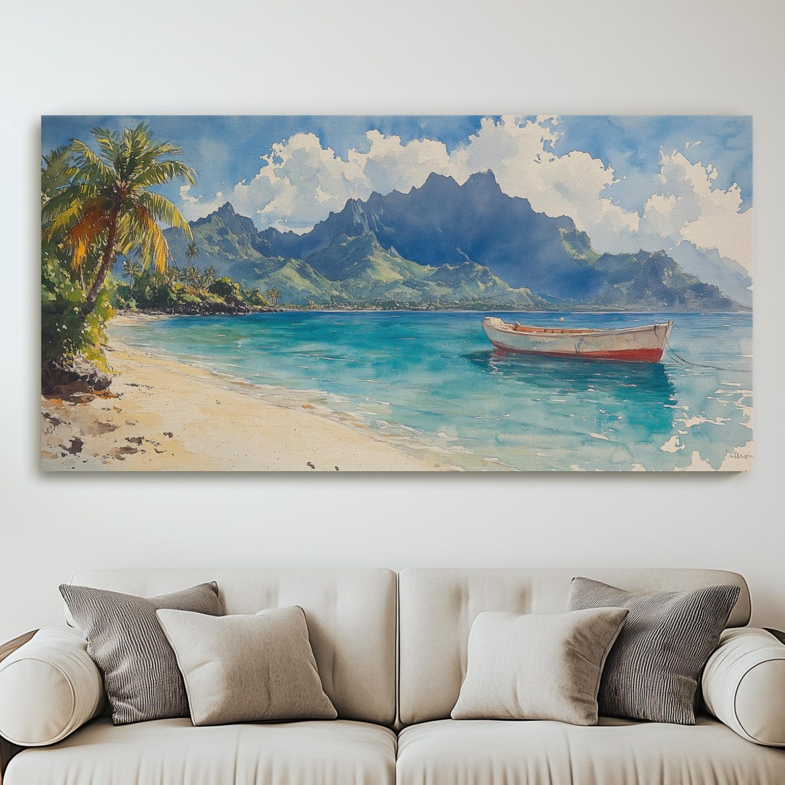 Tropical Lagoon Volcanic Peaks Boat Beach Watercolor Art Poster