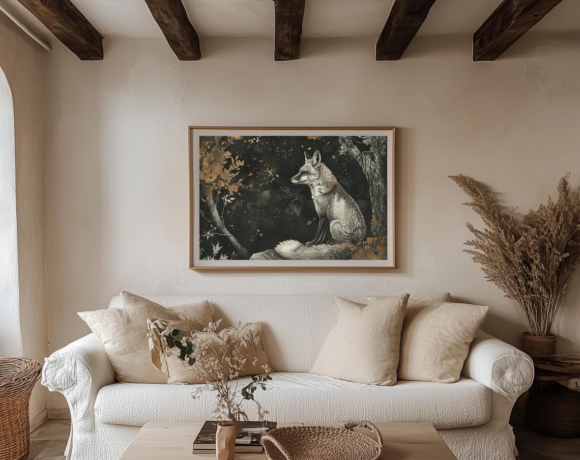 White Fox Sitting On A Rock Monochrome Gold Accents Art Poster - Image 2