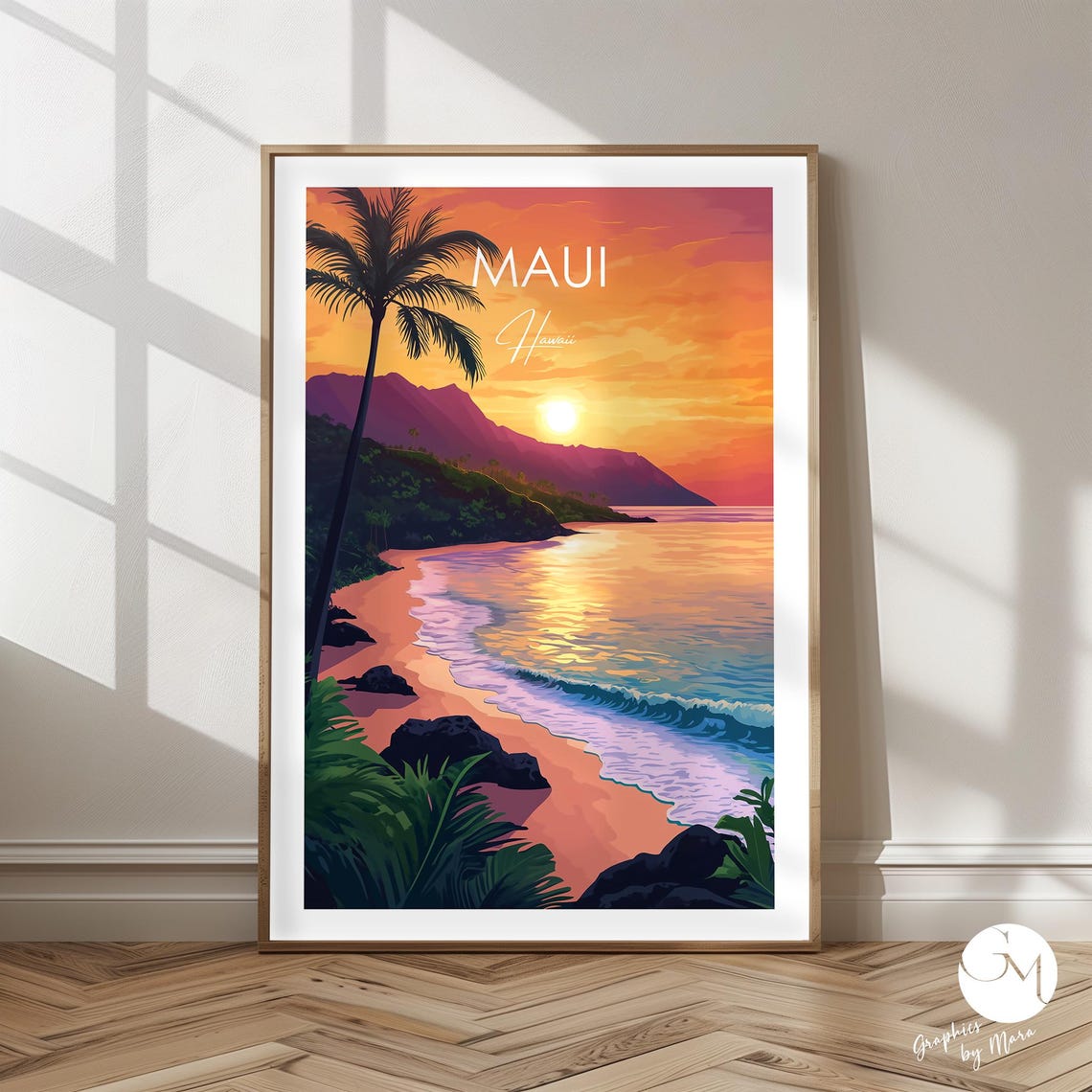 Maui Hawaii Tropical Sunset Beach with Palm Tree Travel Poster